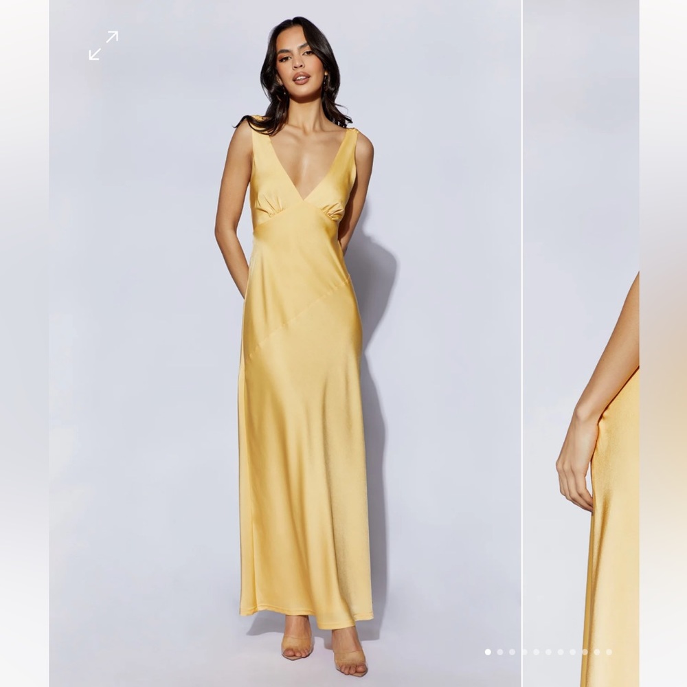MESHKI yellow low back satin dress